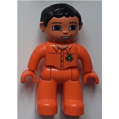 Lego Duplo Figure with Parted Wavy Hair Black, Orange Hands, Green Recycling Logo Print (Garbage Collector) / Orange