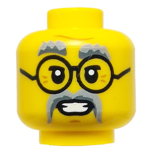 Lego Minifig Head Dr. Saunders/Krux Light/Dark Bluish Grey Eyebrows, Moustache, Black Glasses / Dark Green/Dark Red Eye Mask, Thin Moustaches, Angry / Yellow