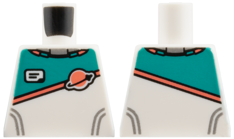 Lego Torso Spacesuit with Dark Turquoise Panel, Coral Stripe and Classic Space Logo, Black Stripe, Silver Lines Pattern / White