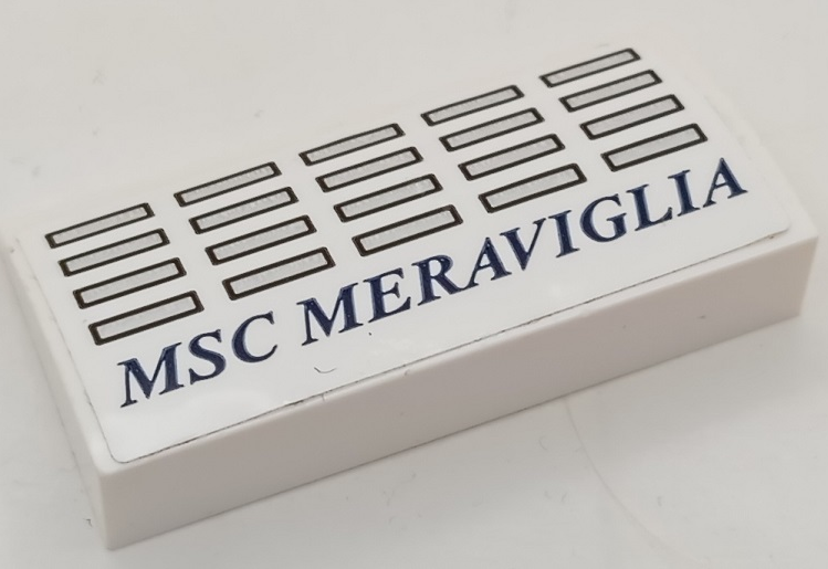 Lego Slope, Curved 2 x 4 x 2/3 with Bottom Tubes with 20 Silver Windows with Dark Blue Outlines and 'MSC MERAVIGLIA' Pattern (Sticker) - Set 40227 / White