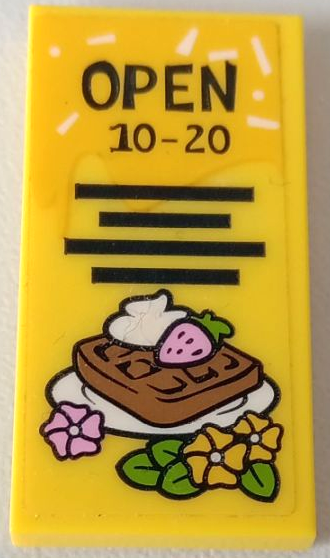 Lego Tile 2 x 4 with Dark Blue 'OPEN', '10-20' and Lines, Medium Nougat Waffle with Strawberry, Cream and Flowers Pattern (Sticker) - Set 41426