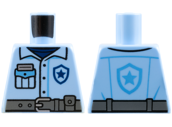 Lego Torso Police Shirt with Dark Blue and Medium Blue Star Badge Logo and Pocket and Dark Bluish Gray Belt Pattern / Bright Light Blue