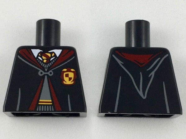 Lego Torso Hogwarts Robe Clasped over Dark Bluish Gray Sweater, Dark Red and Bright Light Orange Tie and Trim Pattern / Black