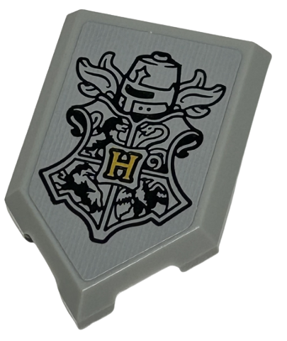 Lego Tile, Modified 2 x 3 Pentagonal with Gold Capital Letter H, Black Hogwarts Crest, Helmet and Plume Feathers Pattern (Sticker) - Set 76413