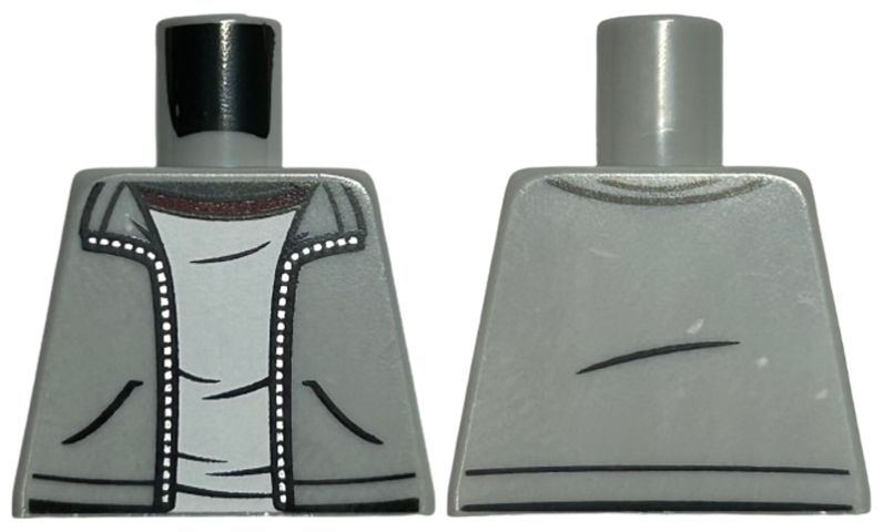 Lego Torso Open Jacket with Silver Zipper over White T-Shirt with Dark Red Collar Pattern / Light Bluish Gray