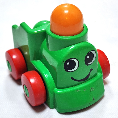 Lego Primo Train Engine 1 x 2 with Red Wheels, Orange Button, and Face Print / Bright Green
