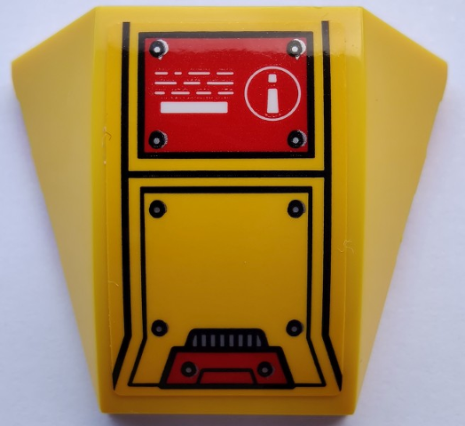 Lego Wedge 4 x 3 Triple Curved No Studs with White Exclamation Mark in Circle, Red and Yellow Hull Plates and Rivets Pattern (Sticker) - Set 80012 / Yellow