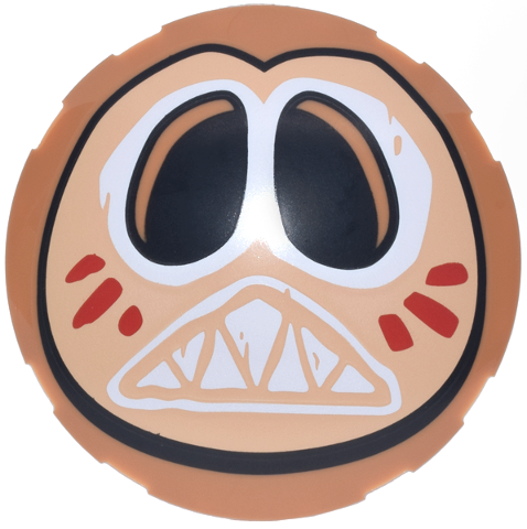 Lego Brick, Round 6 x 6 Dome Top with Tan Kakamora Mask with Red and White Face Paint and Teeth Pattern / Medium Nougat