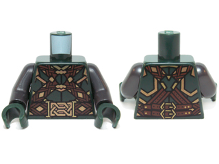Lego Torso LotR Armor with Dark Brown and Gold Woven Straps and Belt and Large Gold Buckle Pattern / Pearl Dark Gray Arms / Dark Green Hands