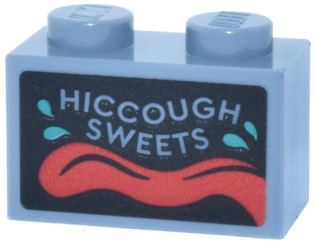 Lego Brick 1 x 2 with 'HICCOUGH SWEETS' Red Tongue and Dark Turquoise Water Drops Pattern (Sticker) - Set 76457 / Sand Blue