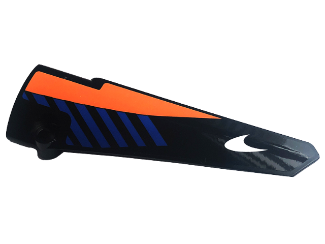 Lego Technic, Panel Fairing # 6 Long Smooth, Side B with Blue Diagonal Stripes, Orange Panel and White McLaren Logo Pattern (Sticker) - Set 42141 / Black