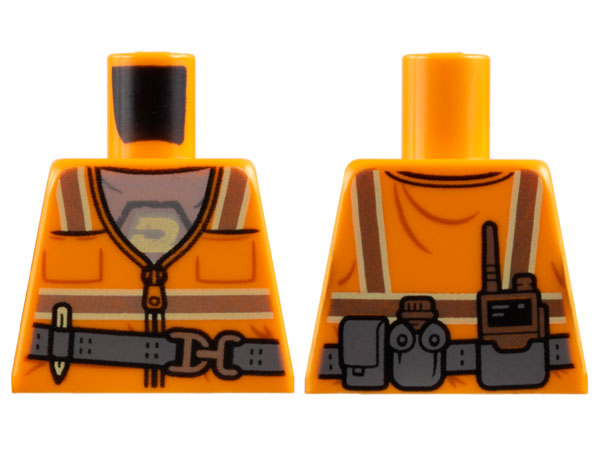 Lego Torso Safety Vest with Zipper and Silver and Bright Light Yellow Reflective Stripes over Light Bluish Gray Shirt with Blacktron Logo, Dark Bluish Gray Utility Belt with Buckle, Pencil, Pouch, Canteen, and Radio Pattern / Orange