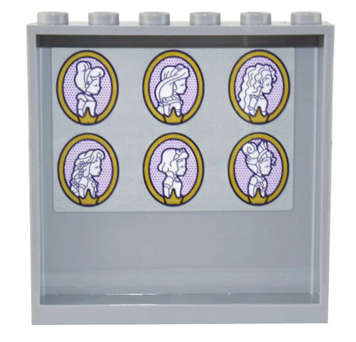 Lego Panel 1 x 6 x 5 with 6 Gold Oval Disney Princess Profile Portraits of Cinderella, Jasmine, Merida, Rapunzel, Snow White, and Tiana Pattern (Sticker) - Set 43205 / Light Bluish Gray