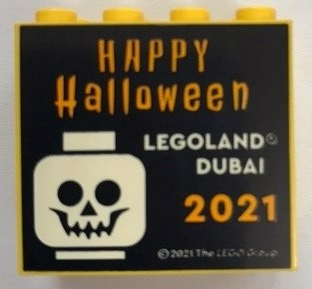 Lego Brick 2 x 4 x 3 with LEGOLAND Dubai 2021 Happy Halloween Pattern / Yellow