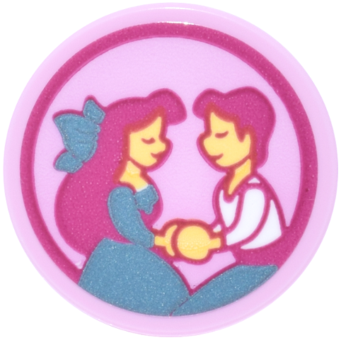 Lego Tile, Round 2 x 2 with Bottom Stud Holder with Portrait of Ariel and Eric Holding Hands in Magenta Circle Frame Pattern (Sticker) - Set 43299