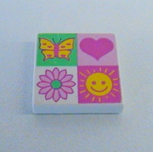 Lego Tile 2 x 2 with 4 section Heart, Sun, Flower, Butterfly Print