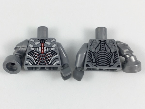 Lego Torso Robotic Armor with Silver and Red Trim Pattern / Flat Silver Arm Left / Flat Silver Arm Right with Robotic Blaster / Dark Bluish Gray Hand Left