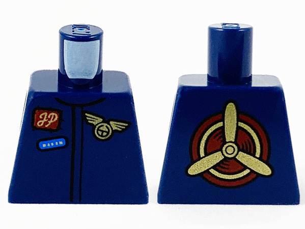 Lego Torso Jumpsuit, Reddish Brown Namebadge with Gold 'JP', Gold Wings Badge and Blue Patch Pattern / Dark Blue