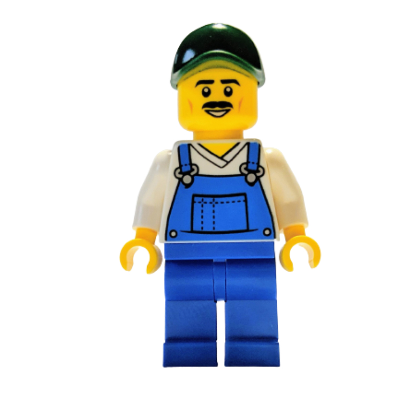 Lego Blue Overall, White Torso, Dark Green Cap