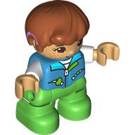 Lego Duplo Figure Child, Hair Combed Forward with Curl Dark Orange, Bright Green Legs, Jacket with Pockets and Zipper Print
