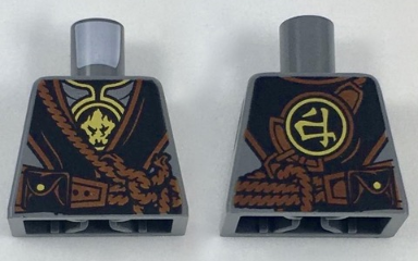 Lego Torso Ninjago Silver Armor with Gold Earth Emblems, Black Robe, Reddish Brown Rope Pattern / Dark Bluish Gray