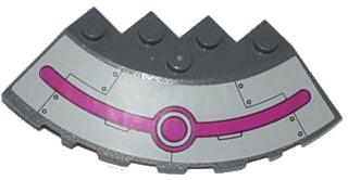 Lego Brick, Round Corner 6 x 6 with Slope 33 Edge, Facet Cutout with Magenta Circles and Stripe, Black Lines and Rivets Pattern (Sticker) - Set 79121