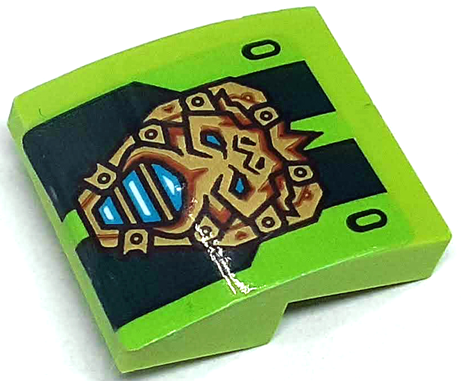 Lego Slope, Curved 2 x 2 x 2/3 with Dark Green Stripes and Gold Mask with Medium Azure Eyes and Mouth Pattern (Sticker) - Set 71763 / Lime