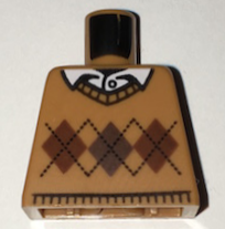 Lego Torso Knit Argyle Sweater with Dark Brown and Reddish Brown Diamonds and Black Stitching over White Shirt with Collar and Button Pattern / Medium Nougat
