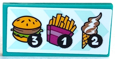 Lego Tile 2 x 4 with Menu with Hamburger, French Fries, Ice Cream Cone, and Number 3, 1, and 2 in Black Circles Pattern (Sticker) - Set 41349 / Dark Turquoise