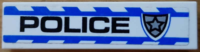 Lego Tile 1 x 4 with Black 'POLICE' and Silver Star Badge and Blue Stripes Pattern Model Right Side (Sticker) - Set 8182