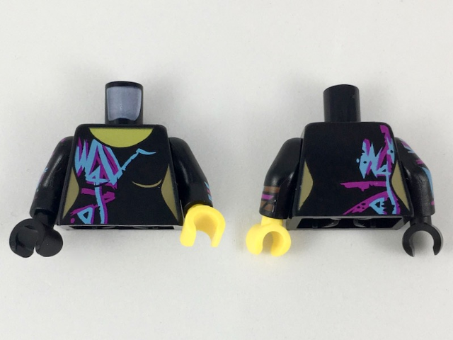 Lego Torso Female Purple and Medium Azure Markings Pattern / Black Arm Left with Wyldstyle Cuff / Black Arm Right with Purple and Blue Markings / Yellow Hand Left / Black Hand Right