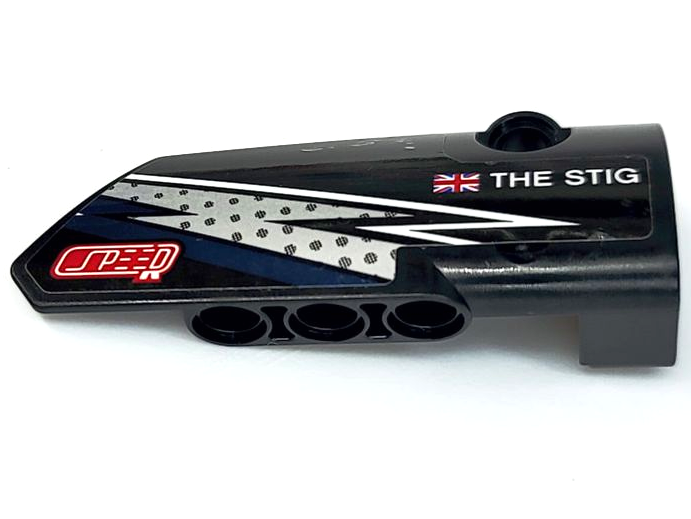 Lego Technic, Panel Fairing # 4 Small Smooth Long, Side B with 'THE STIG', United Kingdom Flag, Lightning Stripes, and Stylized 'SPEED' Pattern (Sticker) - Set 42109