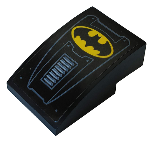 Lego Slope, Curved 3 x 2 with Metal Plates, Vents and Yellow Batman Logo Pattern (Sticker) - Set 76160 / Black
