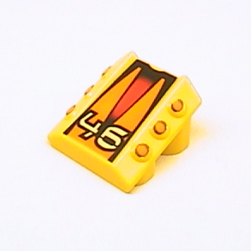 Lego Brick Sloped 2 x 2 No Studs, with 3 Side Pistons Raised Edges and '46', Orange Pistons and Triangles Print / Yellow