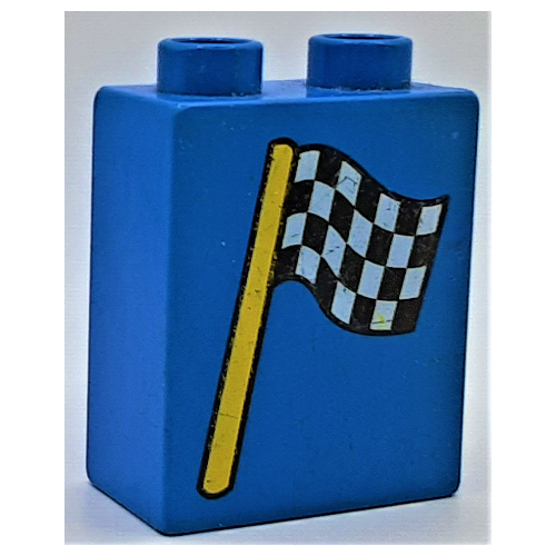 Lego Duplo Brick 1 x 2 x 2 with Checkered Flag Print / Blue