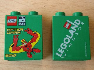 Lego Duplo, Brick 1 x 2 x 2 with Ben 10 After Dark 2010 LEGOLAND Windsor Pattern / Green