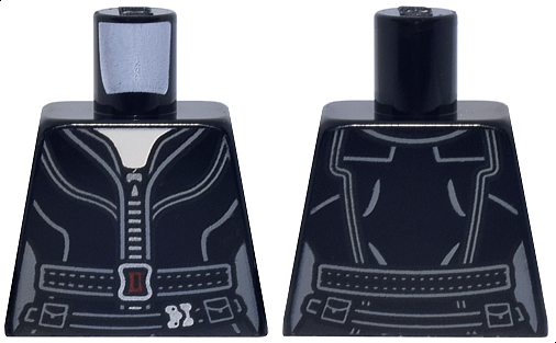 Lego Torso Female Suit with Silver Zipper, Dark Bluish Gray Belt with Dark Red Buckle, Light Nougat Neck Pattern / Black