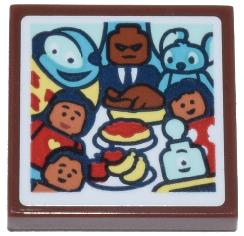 Lego Tile 2 x 2 with Lilo and Stitch Family Dinner Picture, Aliens, Turkey, Apples and Bananas Pattern (Sticker) - Set 43268 / Reddish Brown