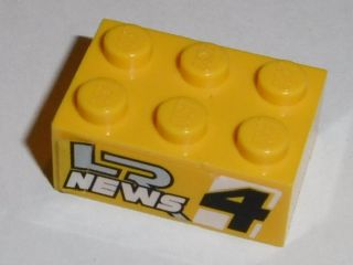 Lego Brick 2 x 3 with 'LR NEWS 4' Pattern on Both Sides (Stickers) - Set 8152 / Yellow