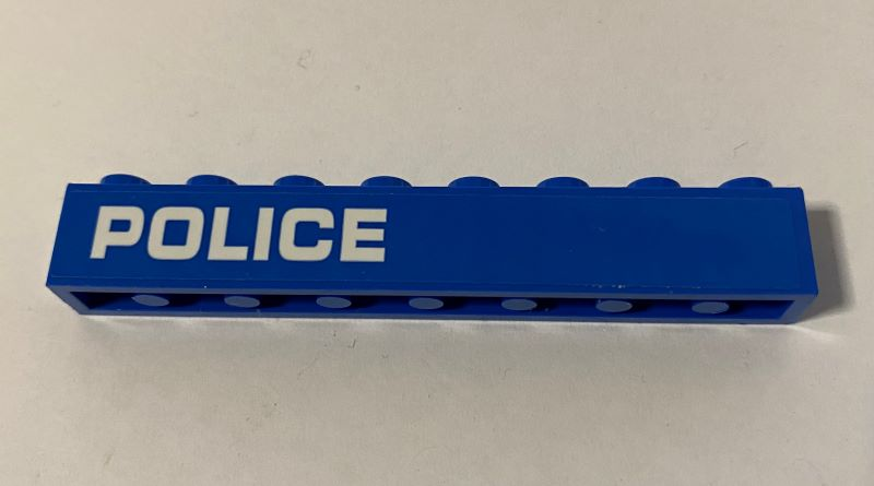 Lego Brick 1 x 8 with White 'POLICE' Pattern Model Right Side (Sticker) - Set 60172 / Blue