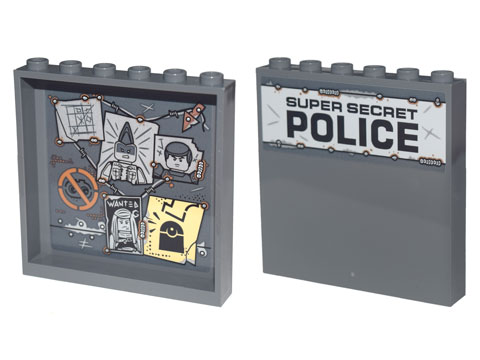 Lego Panel 1 x 6 x 5 with Detective Board with Posters, Barbed Wire and 'SUPER SECRET POLICE' Pattern on Both Sides (Stickers) - Set 70840