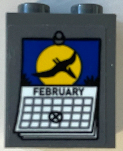 Lego Slope 65 2 x 2 x 2 with Bottom Tube with White 'FEBRUARY' Calendar Page, Black Pteranodon and Yellow Moon Pattern (Sticker) - Set 75941 / Dark Bluish Gray