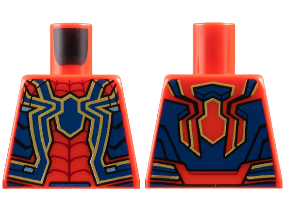 Lego Torso Super Hero Costume with Dark Blue and Gold Spider, Panels, Metallic Light Blue Trim, Dark Red Webbing Pattern / Red
