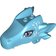 Lego Creature Body Part, Dragon Head Upper Jaw with 2 Studs on Top and White Decorations Print / Medium Azure