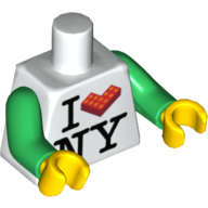 Lego Torso I 'L Brick' NY Print, Green Arms, Yellow Hands / White