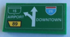 Lego Tile 2 x 4 with Road Sign with 'AIRPORT', 'DOWNTOWN', Arrow, '15', '26' and '89' Pattern (Sticker) - Set 76057 / Green