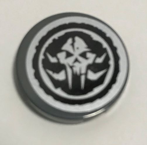 Lego Tile, Round 2 x 2 with Bottom Stud Holder with Alien Skull in Black Circle Pattern (Sticker) - Set 70228 / Dark Bluish Gray