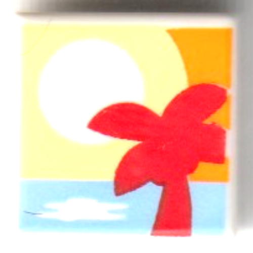 Lego Tile 1 x 1 with Red Palmtree, Medium Blue Sea, White Sunset on Bright Light Orange Background Print