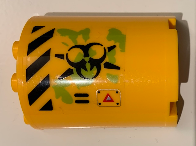 Lego Cylinder Half 2 x 4 x 4 with Caution Triangle, Danger Stripes, Black Biohazard Symbol, Ooze and Vents Pattern Model Left Side (Sticker) - Set 70163