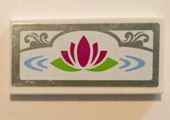 Lego Tile 2 x 4 with Magenta Water Lily and Silver Mirrored Border with Scroll Pattern (Sticker) - Set 41058 / White